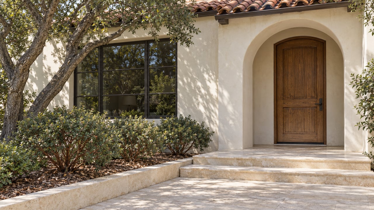 Warm ivory stucco home with an arched oak entry, clay tile roof, limestone steps, and mature oak planting.