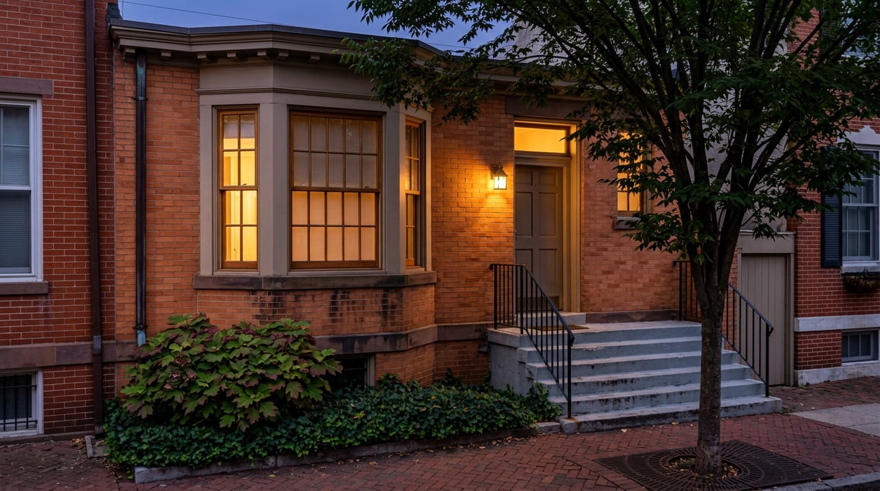 Brick rowhouse with a glowing bay window, six-step stoop, black iron railing, and tree branches overhead at dusk.