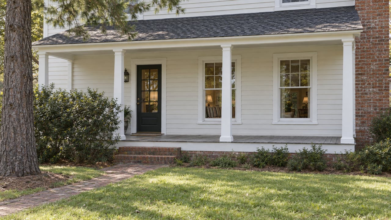 Cream-white farmhouse with a covered porch, brick steps, a chimney, and a pine tree beside the lawn.
