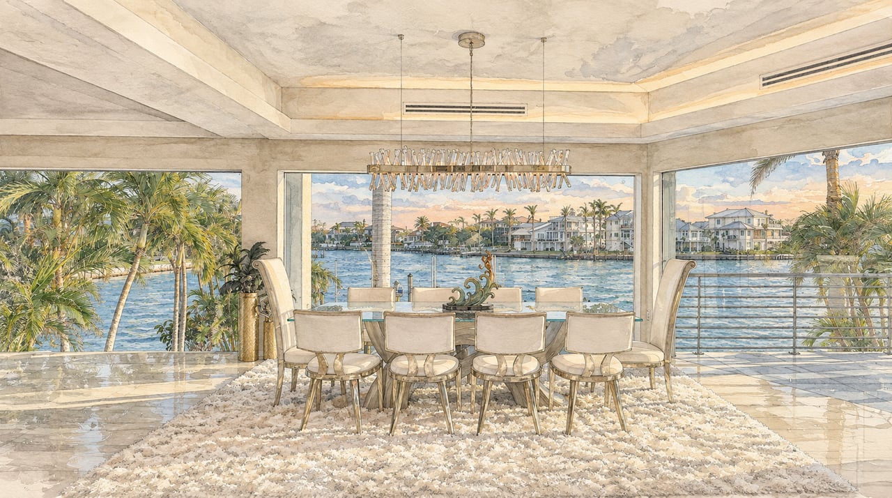 Waterfront dining room with a long table and wide openings overlooking palm-lined shores.