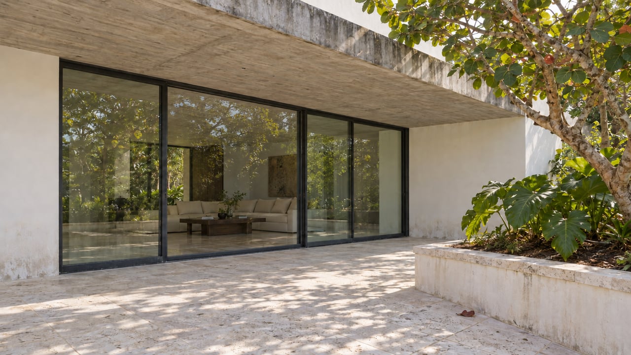 Glazed living room beneath a concrete canopy beside a limestone terrace and raised tropical planter.