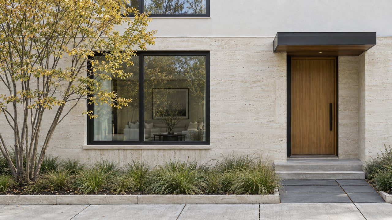 Compact limestone house facade with oak entry, dark-framed window, basalt pavers, and a small tree with yellow leaves.