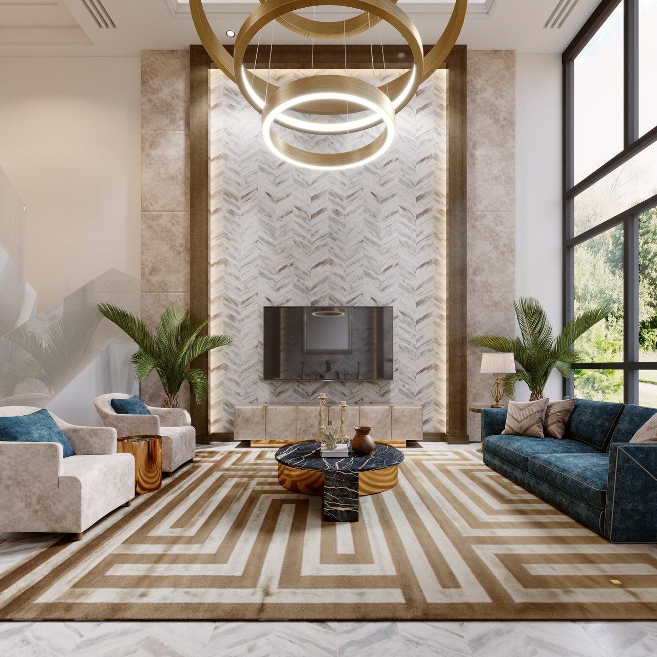Luxury living room with a marble fireplace wall, sculptural chandelier, and geometric patterned rug.