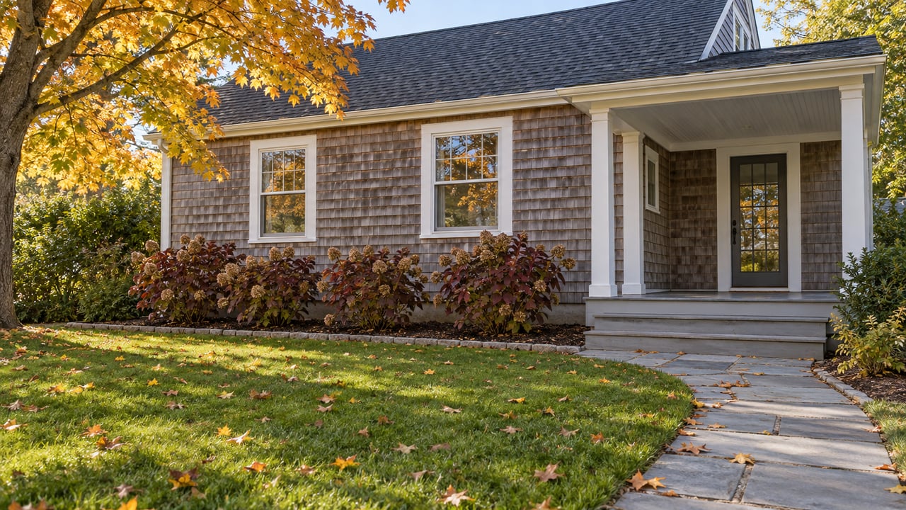 Silvered cedar cottage with white-trimmed windows, a covered porch, bluestone walk, and an autumn maple beside a broad lawn.