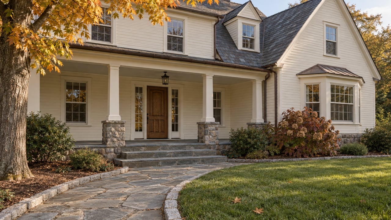 Ivory clapboard home with a slate gable roof, covered bluestone porch, oak entry and mature autumn planting.