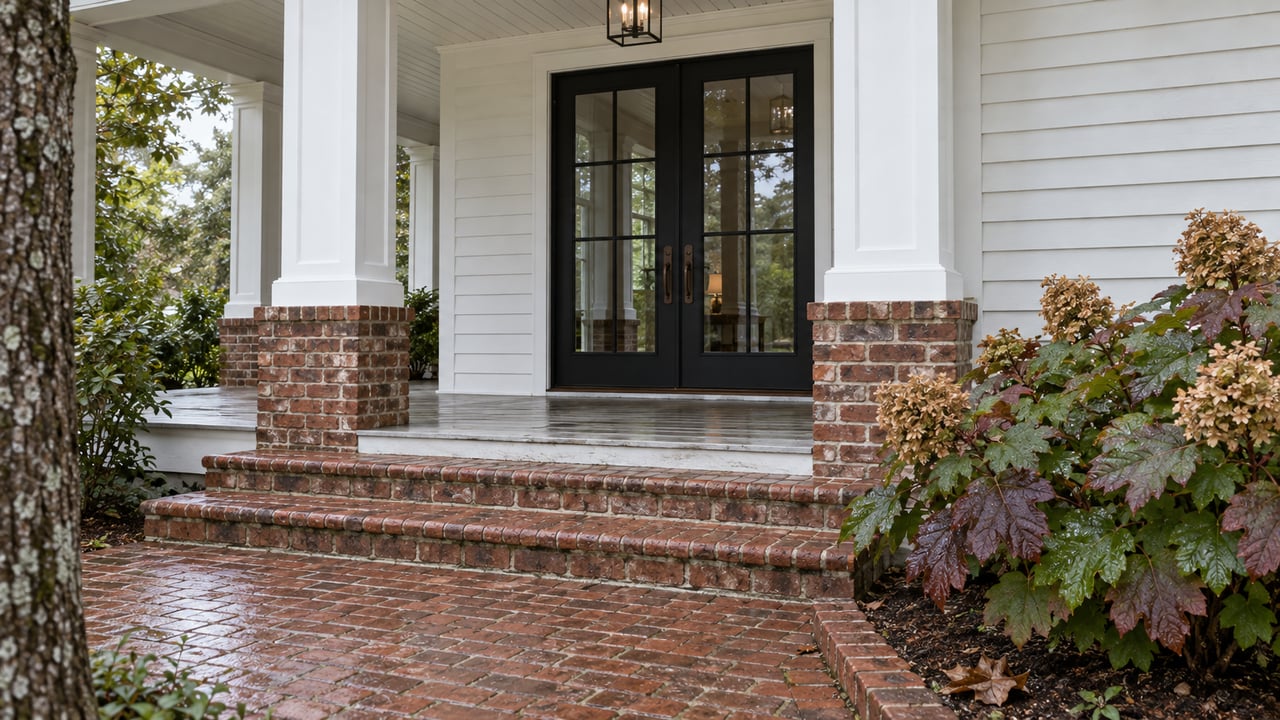 White clapboard porch with paired columns, black glazed double doors, red brick steps and autumn oakleaf hydrangeas.