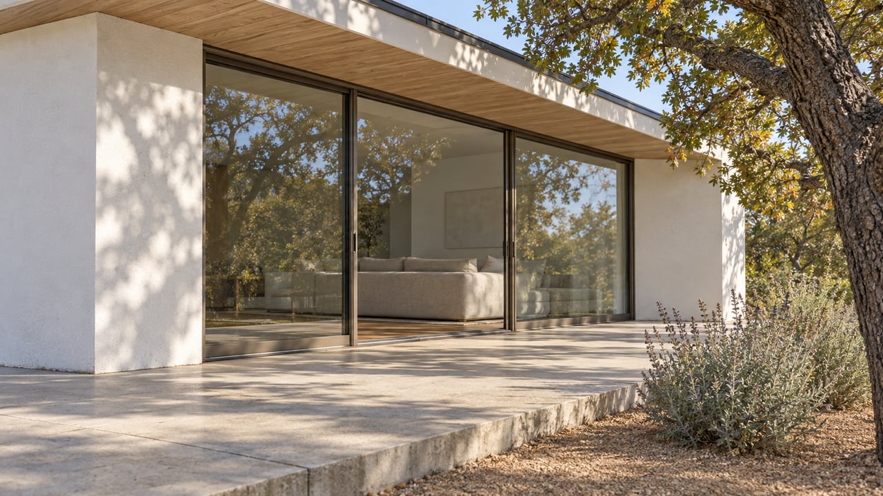 Morning light across a white plaster home with bronze-framed glass doors, pale timber eaves, and a concrete terrace beside an oak and gray-green sage.