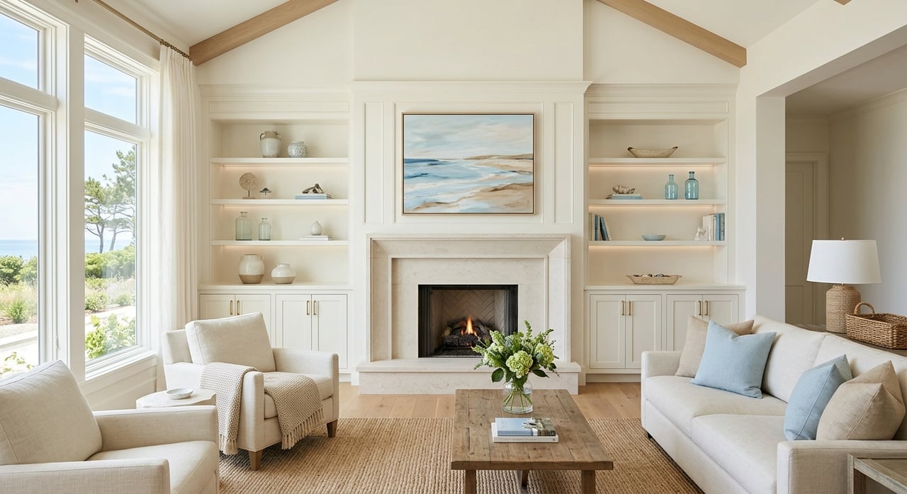 White brick fireplace with layered mantel, flanked by built-in shelves and tall windows.