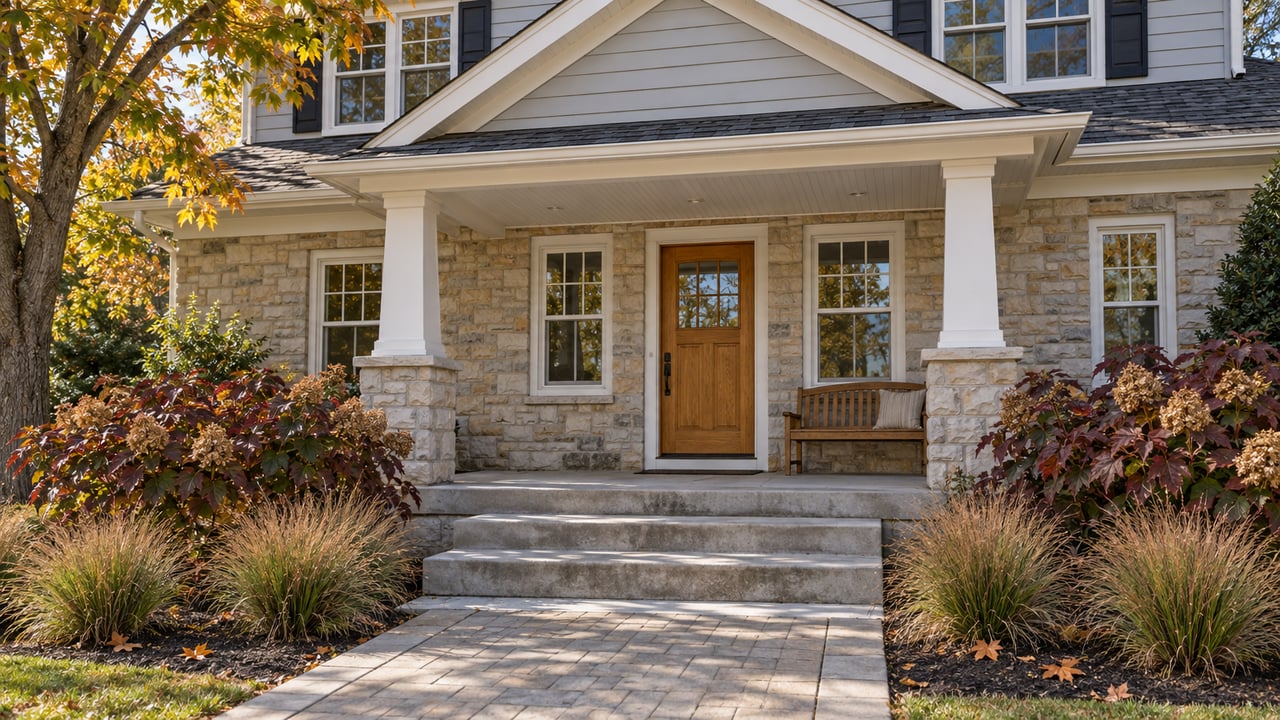 Stone-front house with a covered porch, wooden door, and autumn landscaping.