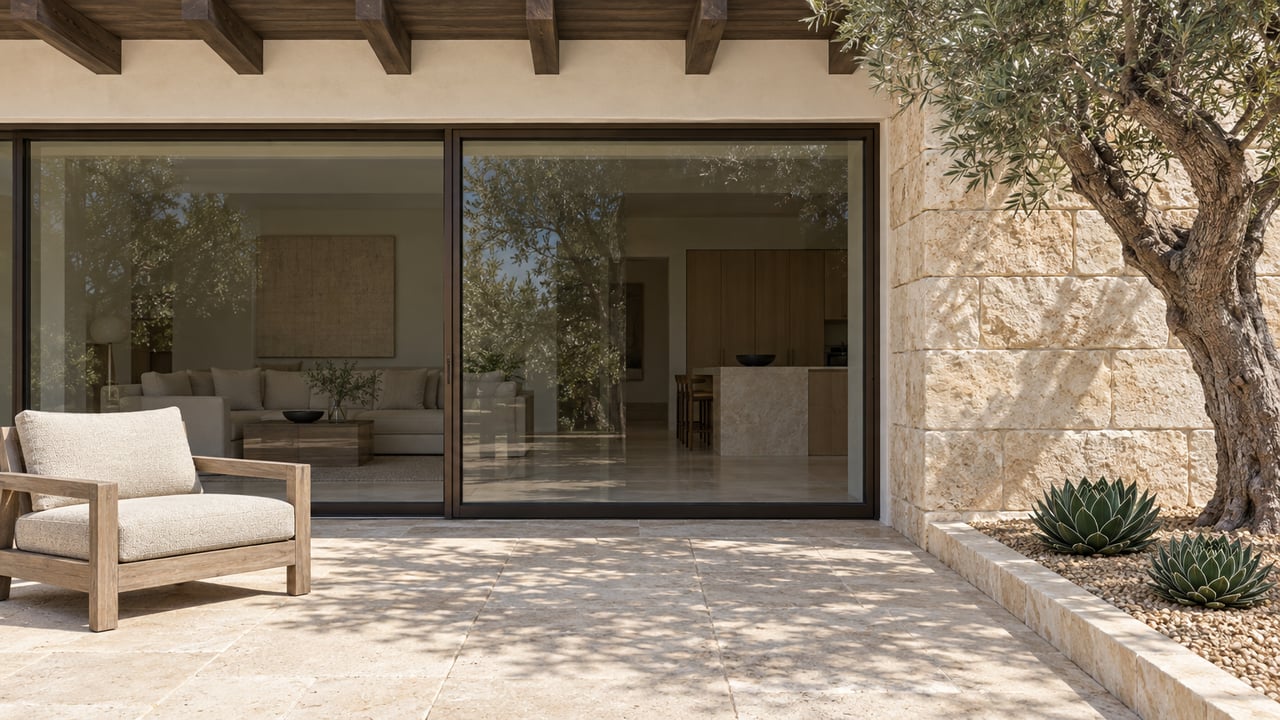 Sunlit limestone terrace with a teak lounge chair, mature olive tree, and bronze-framed glass doors beneath a timber overhang.