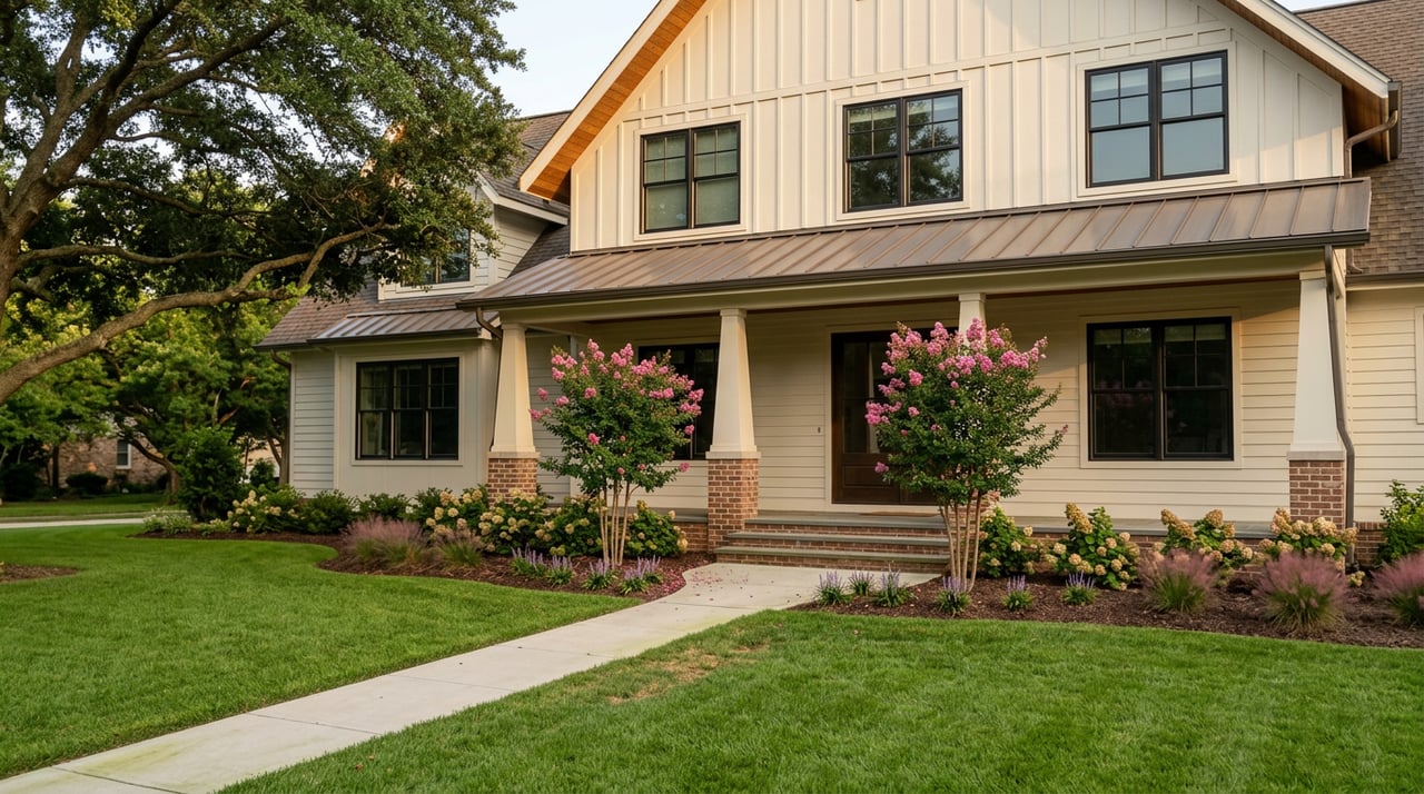 Custom two-story home with a covered porch, curved concrete walkway, broad lawn, and pink-blooming trees.