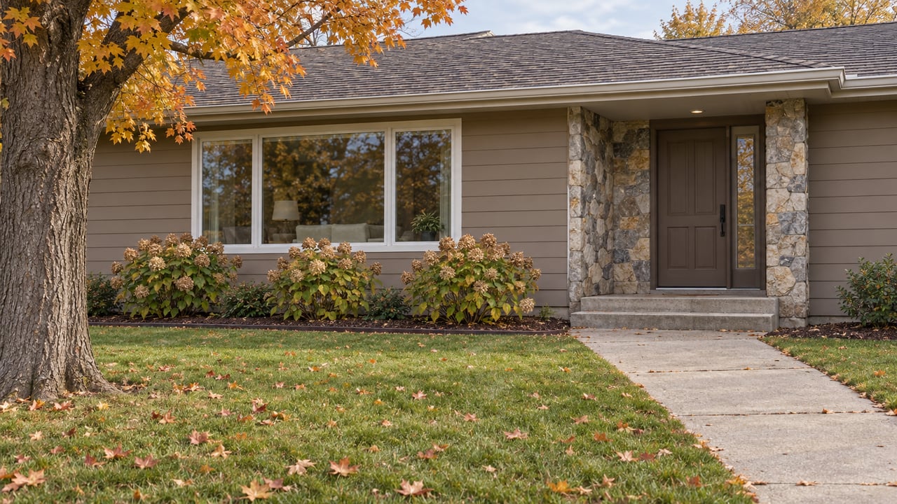 Autumn daylight on a single-story ranch home with taupe siding, a fieldstone entry, concrete walk, and amber maple leaves.
