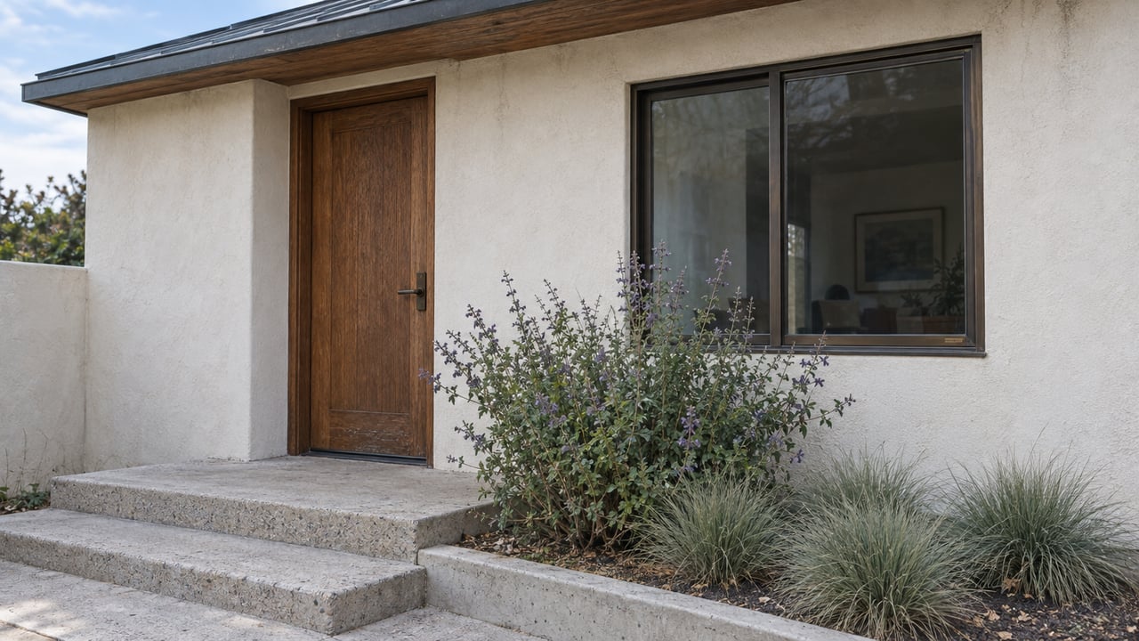 Coastal house entry with weathered timber door, bronze-framed window, concrete steps, and a small salvia bed.