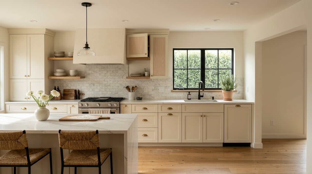 Cream kitchen with a quartz waterfall island, two stools, and a black-framed window above the sink.