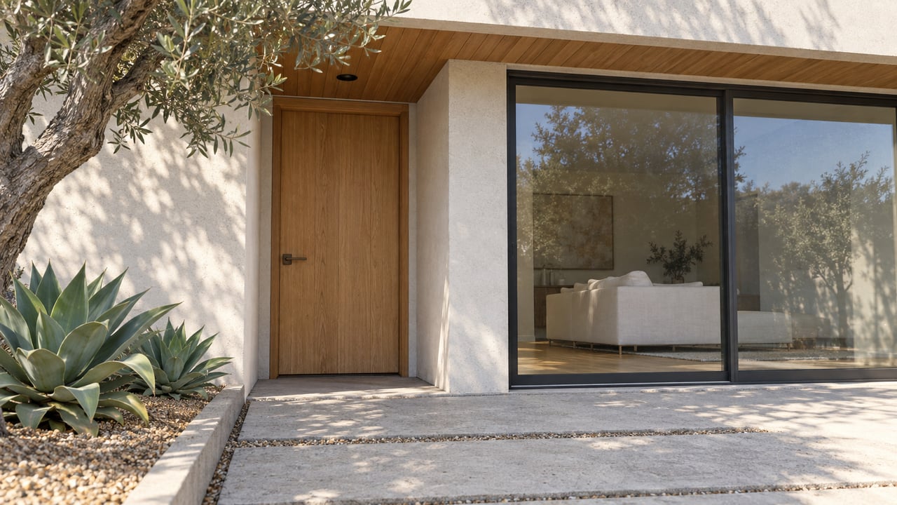 Sunlit stucco home with an oak entry, charcoal-framed living-room glass, and an olive tree beside a concrete approach.