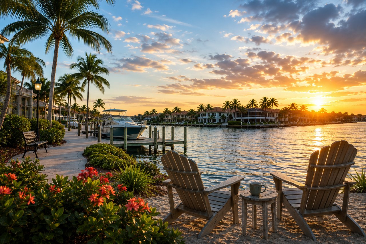 Golden sunset over a luxury Southwest Florida waterfront community with palm trees, boats, tropical landscaping, and Adirondack chairs overlooking the canal, showcasing the relaxed August lifestyle and year-round living in SWFL.