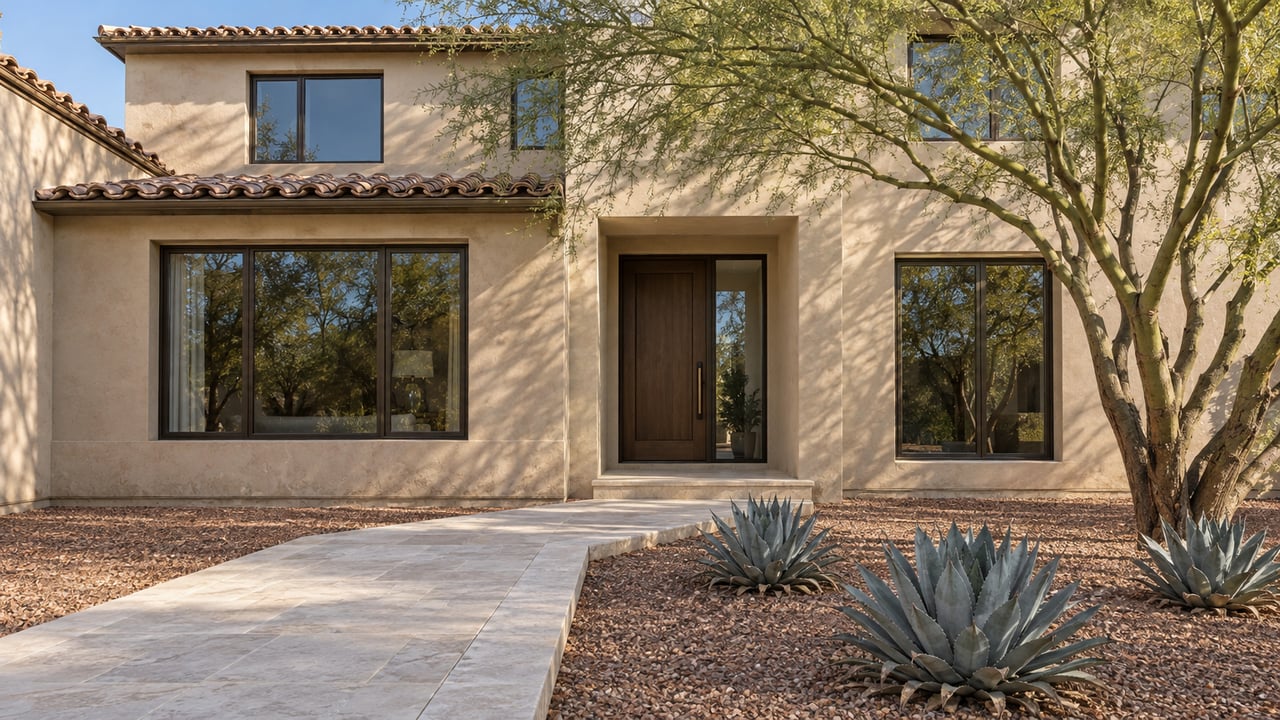 Sand-stucco home with clay tile roofing, bronze-framed windows and a limestone approach through a sculptural desert garden.
