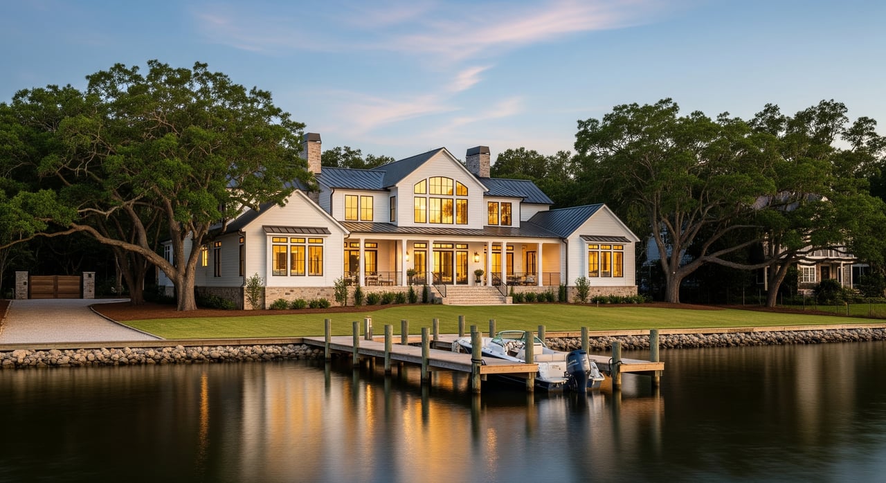 Large waterfront house glowing at dusk, with a wooden dock extending into calm water.