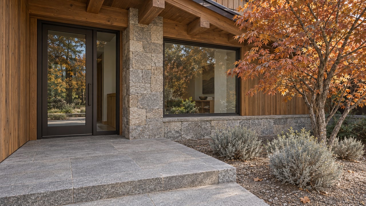Warm wood and granite entry with bronze-framed glazing, a broad stone landing and copper-colored maple foliage.