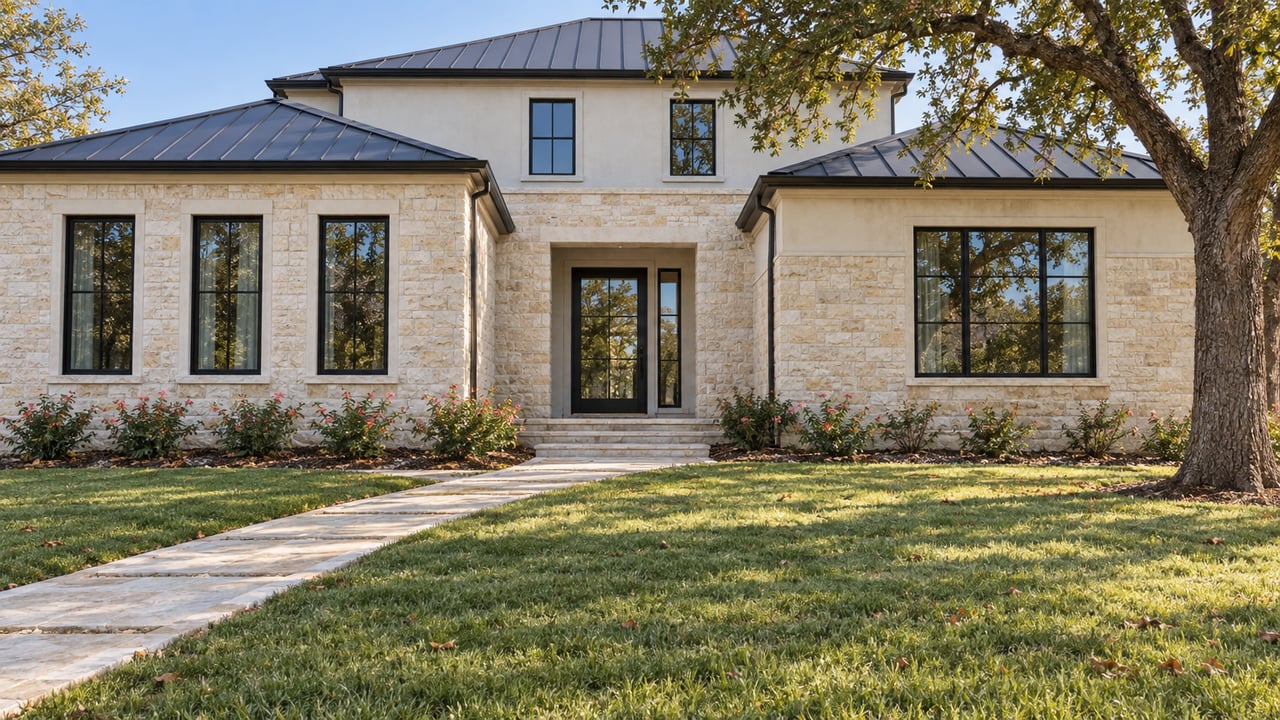 Limestone and ivory stucco home with black-framed windows, a deep lawn and a spreading live oak in morning light.