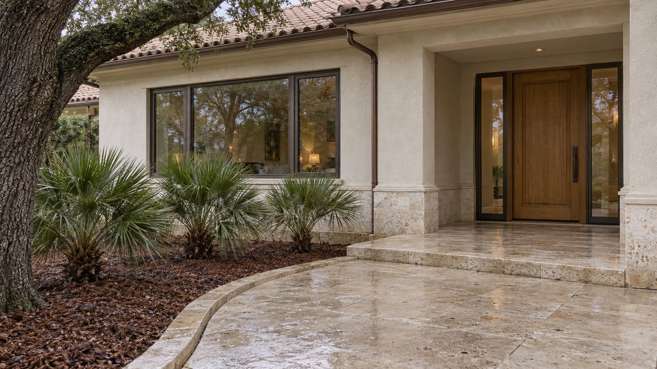 Pale stucco home with a recessed oak entry, bronze-framed window and damp shellstone approach beside dwarf palmettos and a mature live oak.