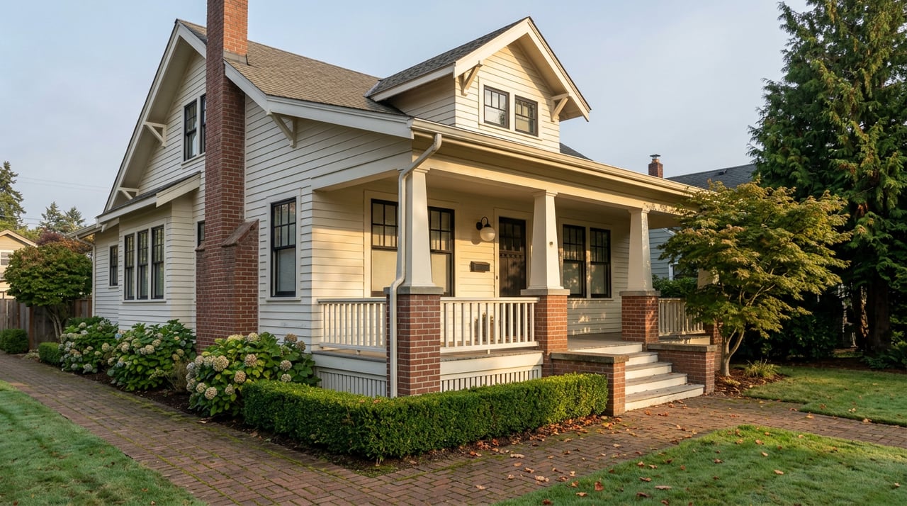 Two-story off-white home with a porch and dormer, framed by a Japanese maple, clipped hedge, and brick walkway.