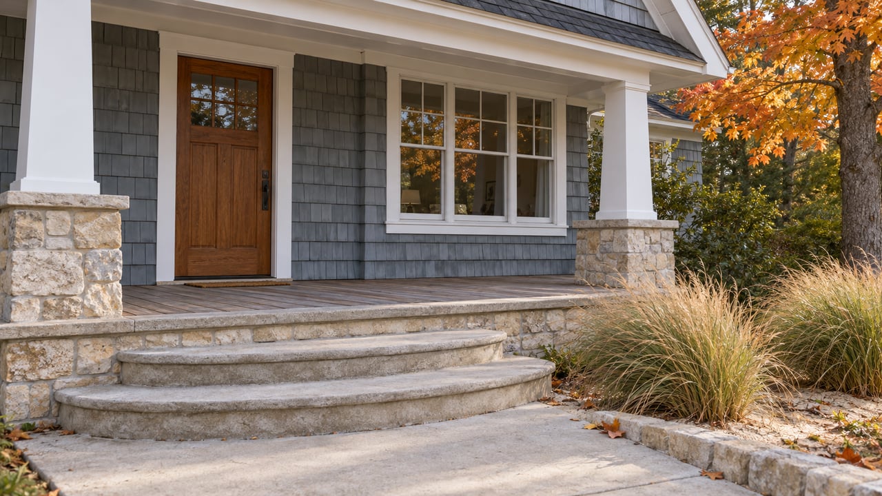 Blue-gray shingle home with white porch columns, curved concrete steps and tawny grasses beneath orange maple foliage.