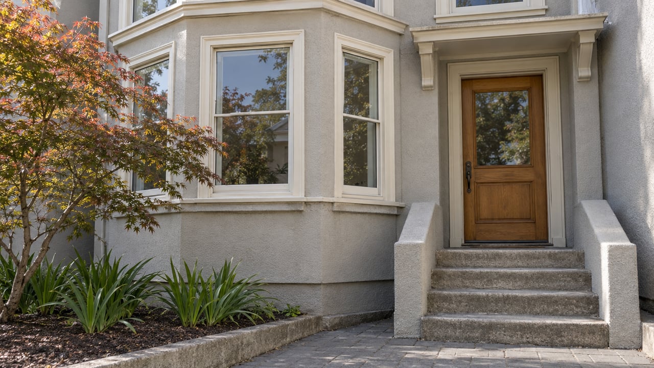 Painted stucco home with stacked bay windows, a recessed wood door and worn concrete entrance steps beside a Japanese maple.