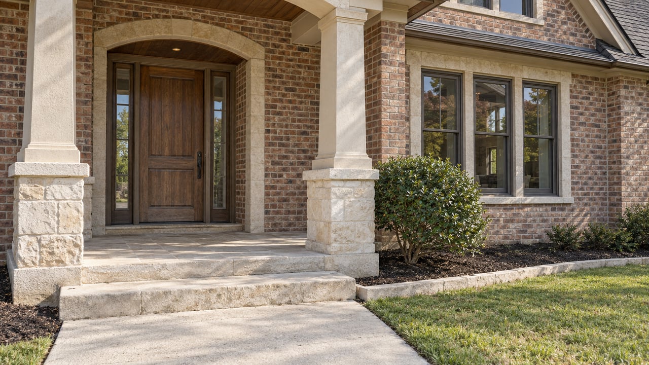 Covered brick-home entry with limestone columns and steps, an oak front door, grouped windows, and a clipped lawn.