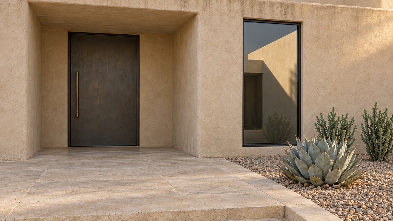 Thick sand-colored stucco frames a recessed black door and tall window above a limestone landing beside a blue-gray agave and waxy upright stems.