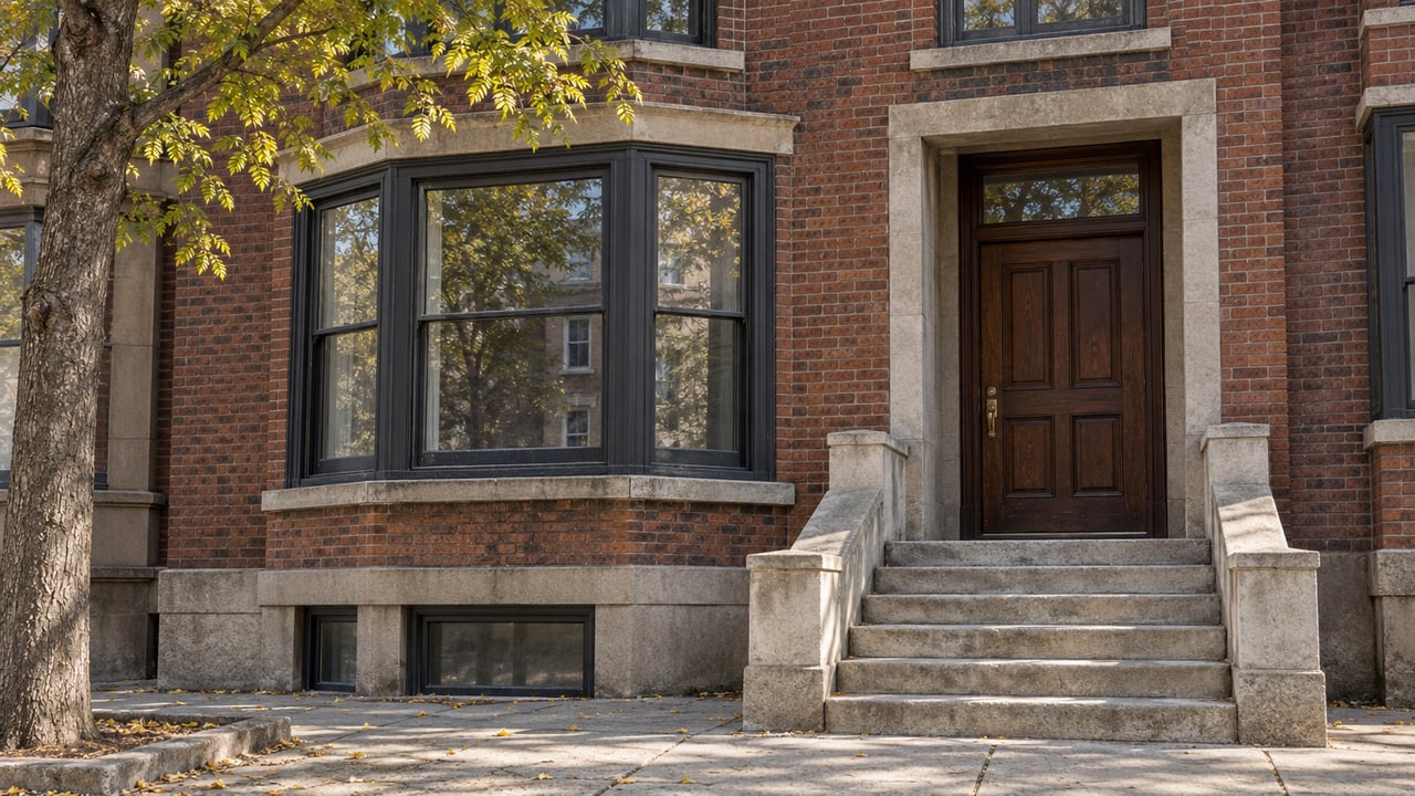 Red-brown brick residence with a projecting window bay, closed oak entry door, and worn limestone steps beneath honeylocust leaves.