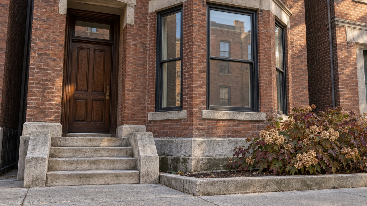 Close view of a restored red-brick rowhouse with a projecting window bay, limestone stoop, recessed oak door, and autumn oakleaf hydrangea.