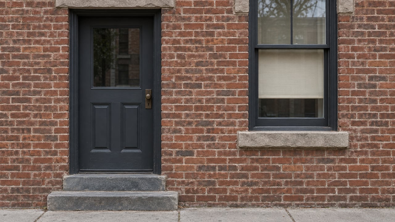 Recessed charcoal townhouse door beside a sash window in weathered red-brown brick, with stone steps.