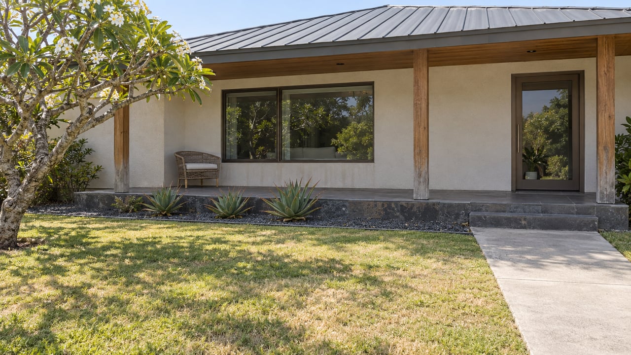 A single-story home with broad eaves and a shaded basalt terrace behind a sun-dried lawn, flowering plumeria and a small aloe bed.
