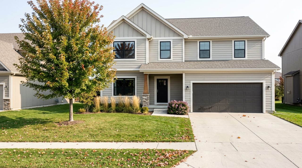 Two-story gray home with a front lawn, concrete driveway, and maple tree beginning to turn.