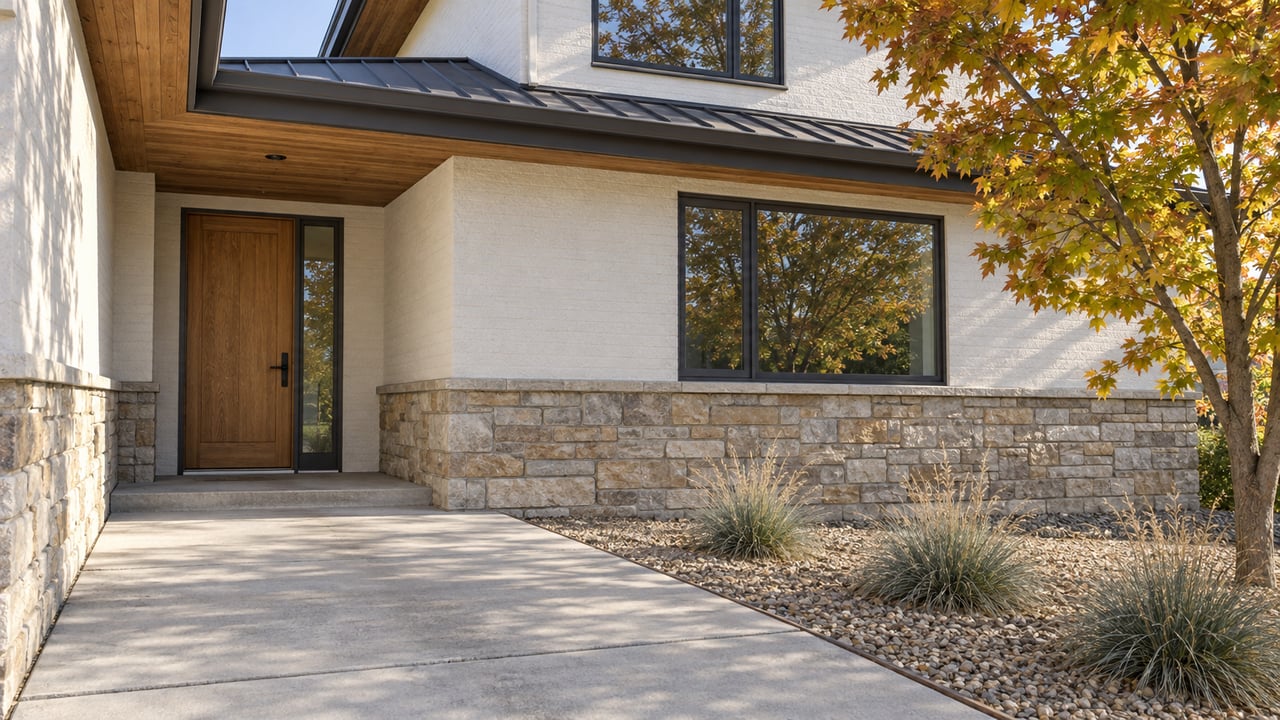A contemporary home's wood-lined overhang shelters an oak side door beside charcoal-framed windows, with a concrete approach and an autumn maple.