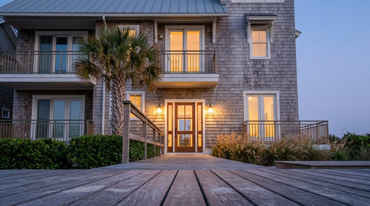 Three-story shingle-clad building with stacked glowing balconies, bronze entry sconces, and a palm beside the boardwalk at dusk.
