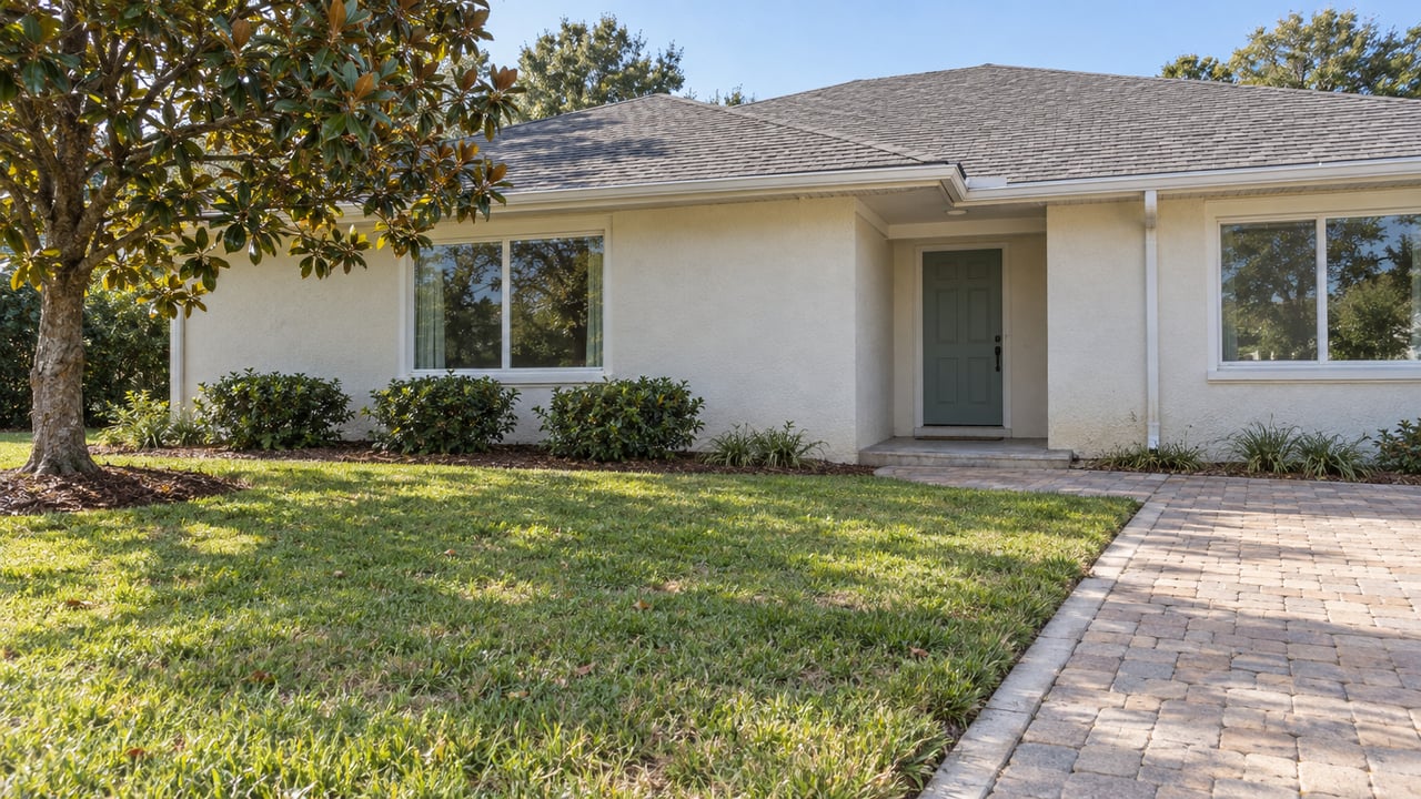 Sunlit single-story stucco home beyond a deep front lawn, with a buff paver approach and a mature magnolia beside the low roof.