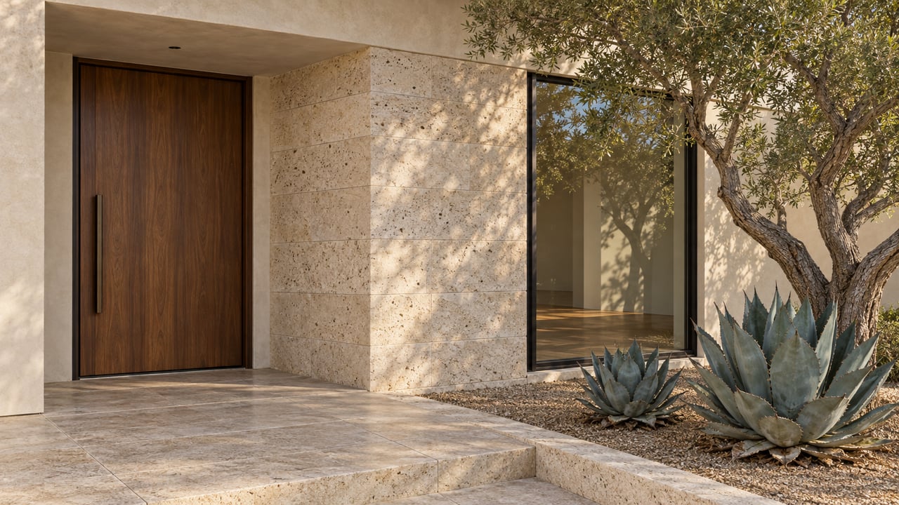Creamy stucco entry with a walnut door, pale limestone corner and ironwood tree beside a travertine landing.