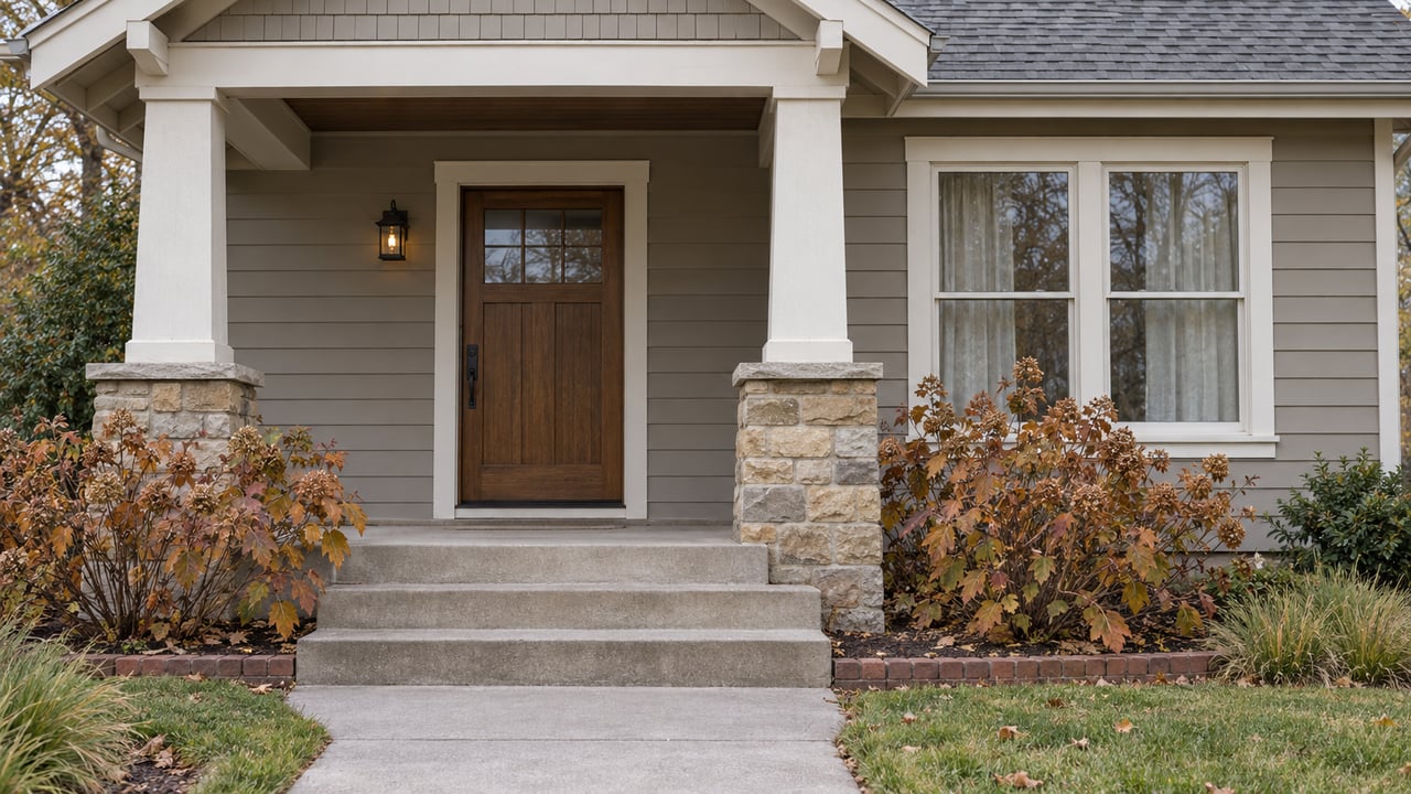 Gray-sided home with a sheltered wood front door, sandstone porch piers, concrete steps and oakleaf hydrangeas in late autumn.