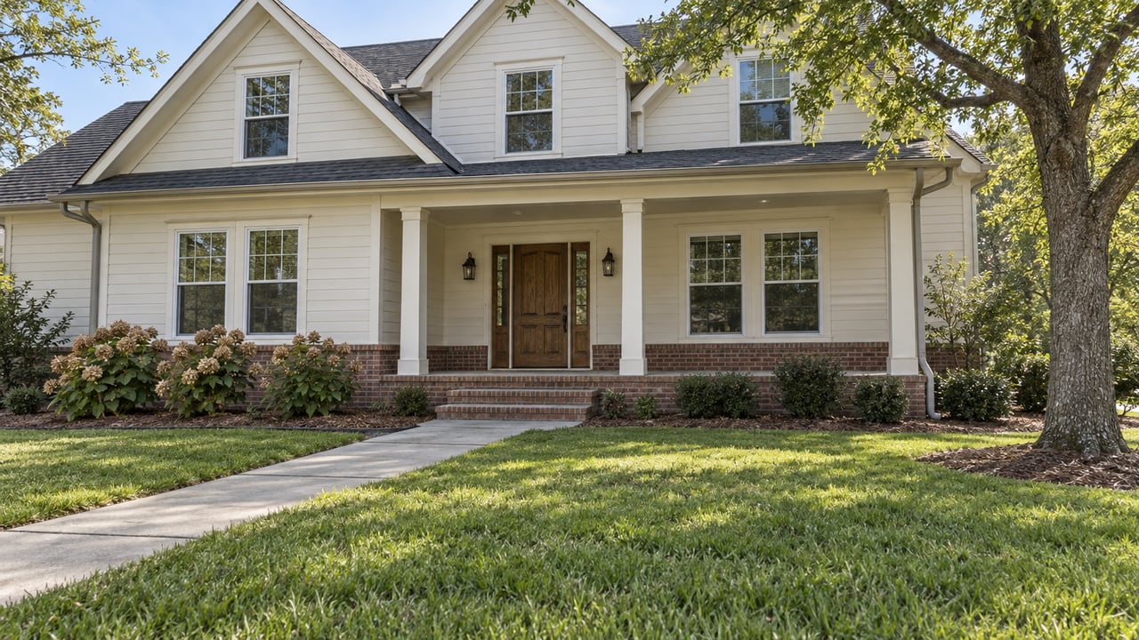 Ivory-sided gabled home with a brick foundation, broad raised porch, deep green lawn and a mature white oak.