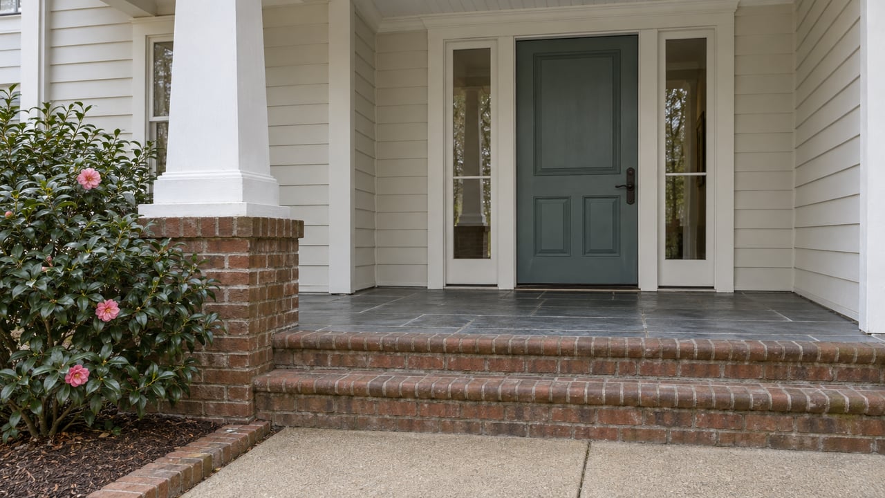 A blue-green front door with paired glass sidelights beneath a white porch, above weathered brick steps beside a flowering camellia.