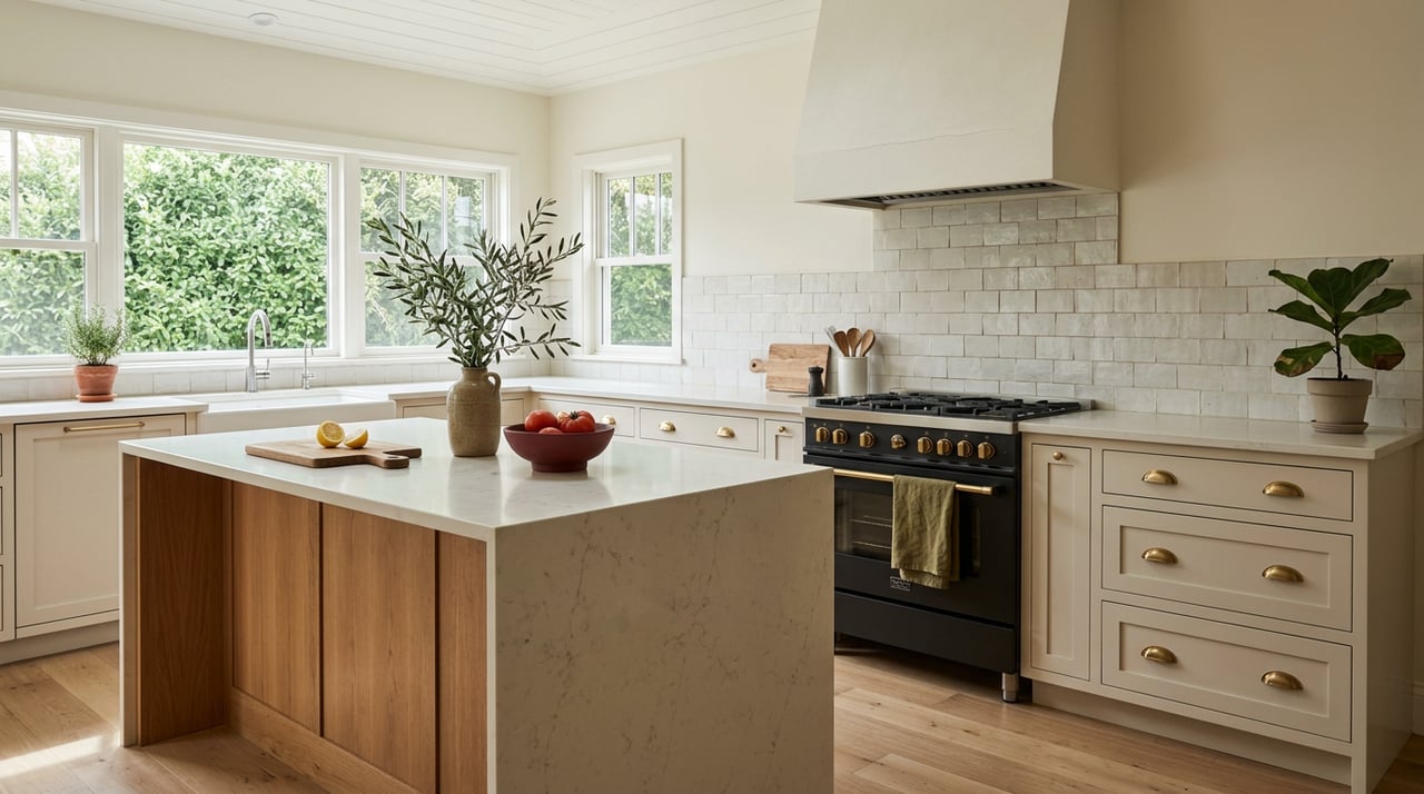 Remodeled kitchen with a white oak island, veined quartz countertop, zellige backsplash, and matte-black range.
