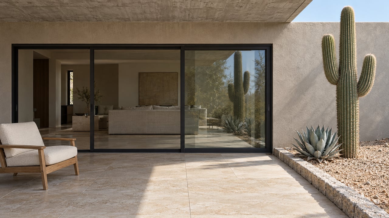 Shaded limestone terrace beside a glass-fronted custom home, with a teak lounge chair, mature saguaro and blue-gray agave in a granite-bordered gravel bed.
