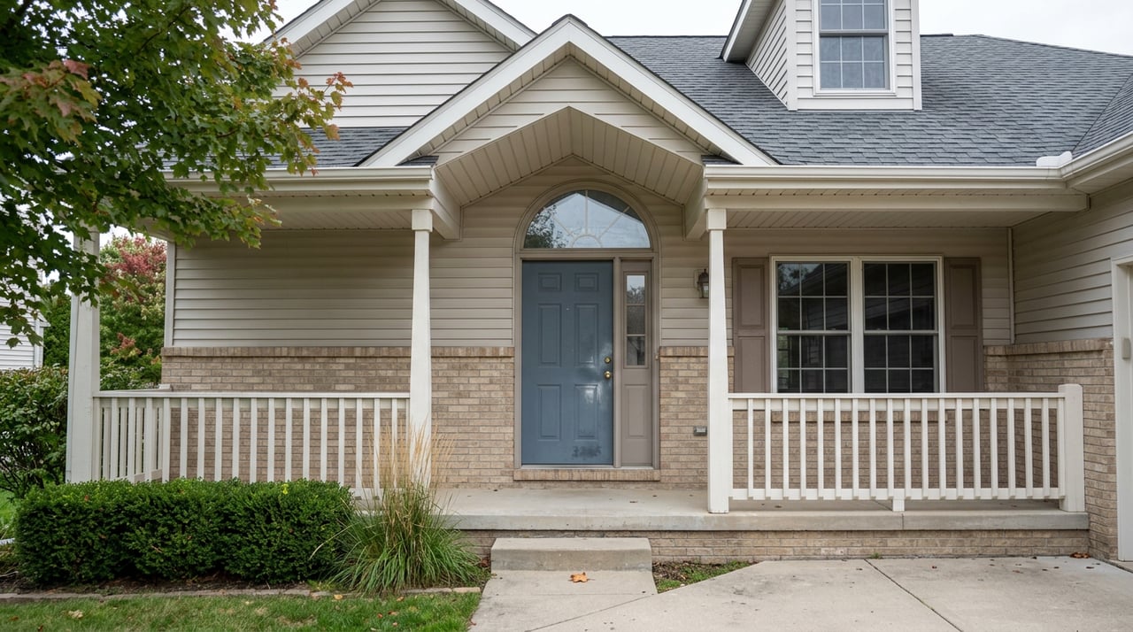 Covered porch with white railings, buff brick, a slate-blue front door, and a grid-pane window.