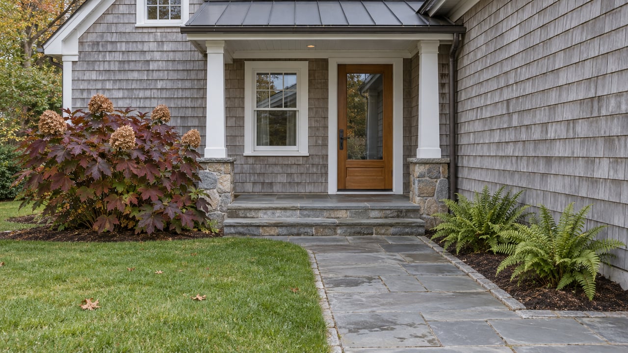 Weathered cedar-shingle home with a covered glazed side entrance, bluestone steps and autumn oakleaf hydrangea beside a lawn.