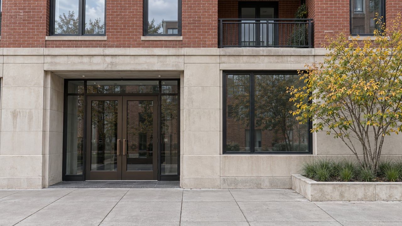 Brick condominium facade with recessed glass entrance, adjacent window, and a raised bed with a small tree and grasses.
