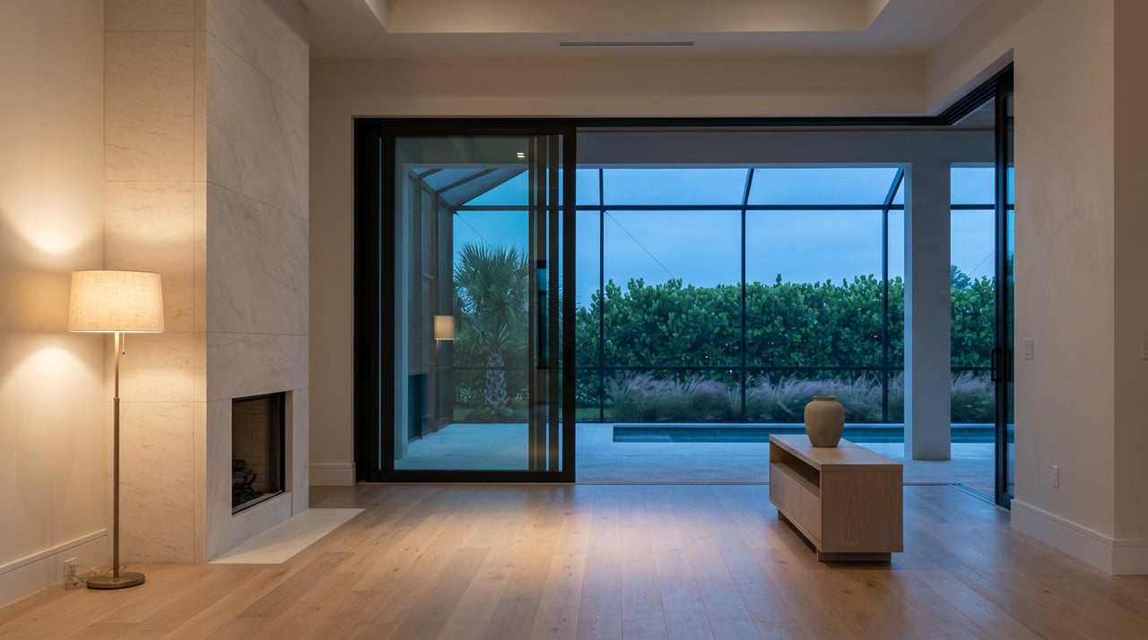 Great room with a pale stone fireplace and glass wall opening onto a screened lanai at dusk.