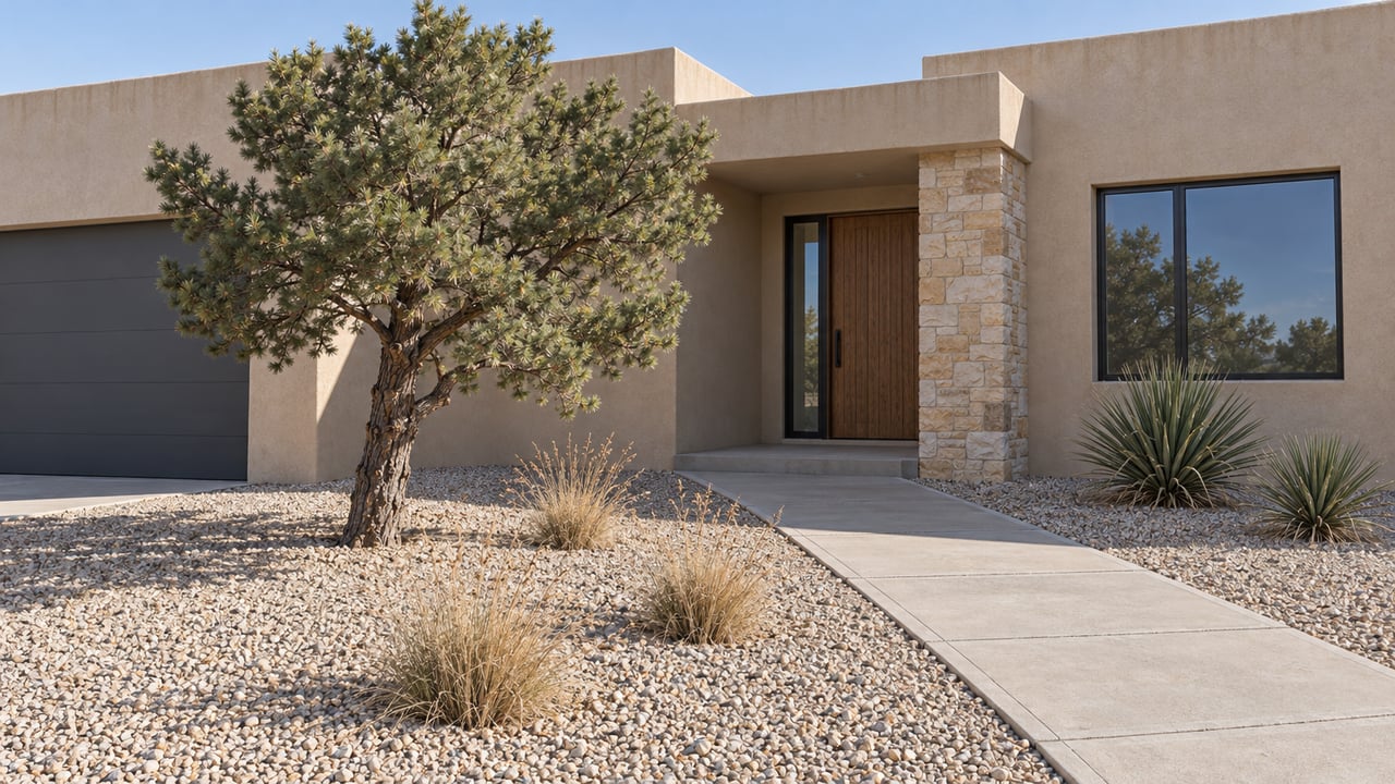 Sand-colored single-story home with a recessed cedar entrance, sandstone pier, gravel front yard, pinyon pine and sculptural yucca beside a concrete path.