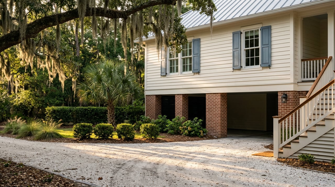 Coastal home with red brick piers and side stair beside an oyster-shell drive under a moss-draped oak.